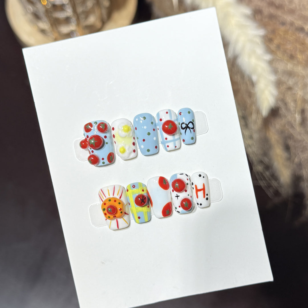Artistic Press-On Nail Set with Playful Floral and Polka Dot Designs Kalsten