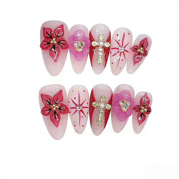 Artistic Floral and Gemstone-Embellished Press-On Nails Kalsten