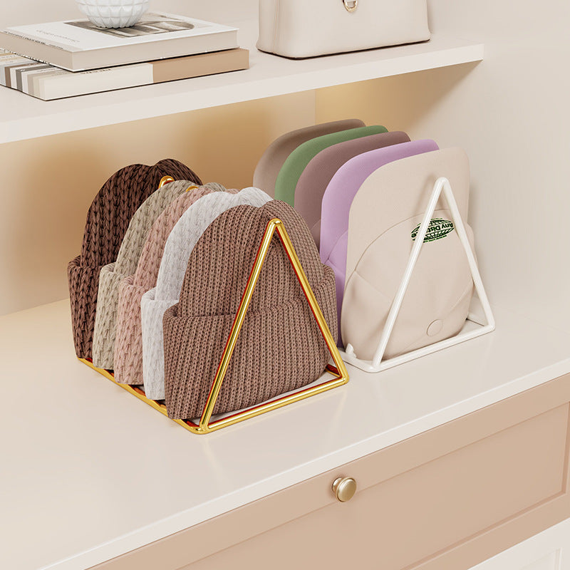 Triangular Gold Metal Multi-Slot Beanie and Knit Hat Organizer Rack