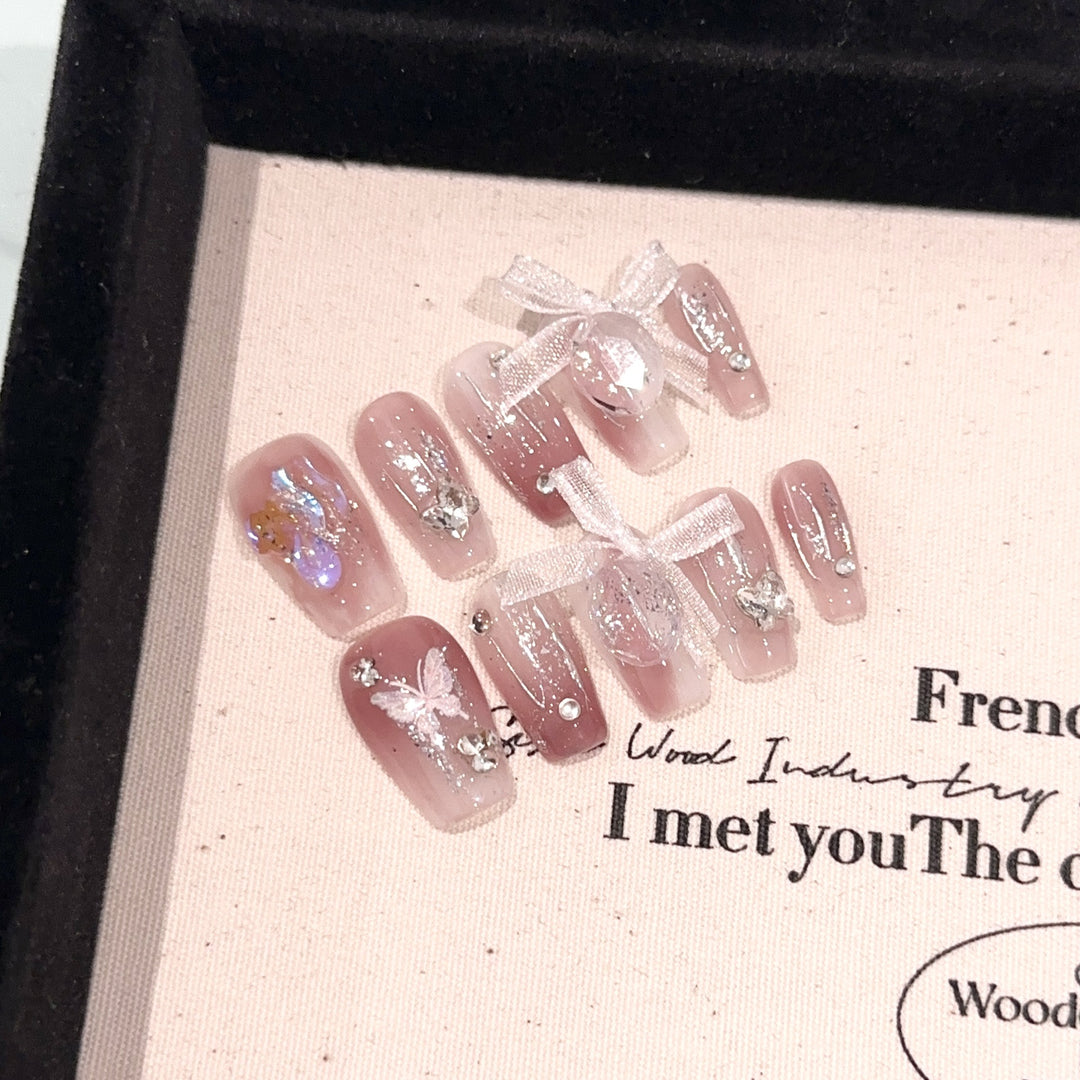 Elegant Decorative Press-On Nail Set with Butterfly Accents