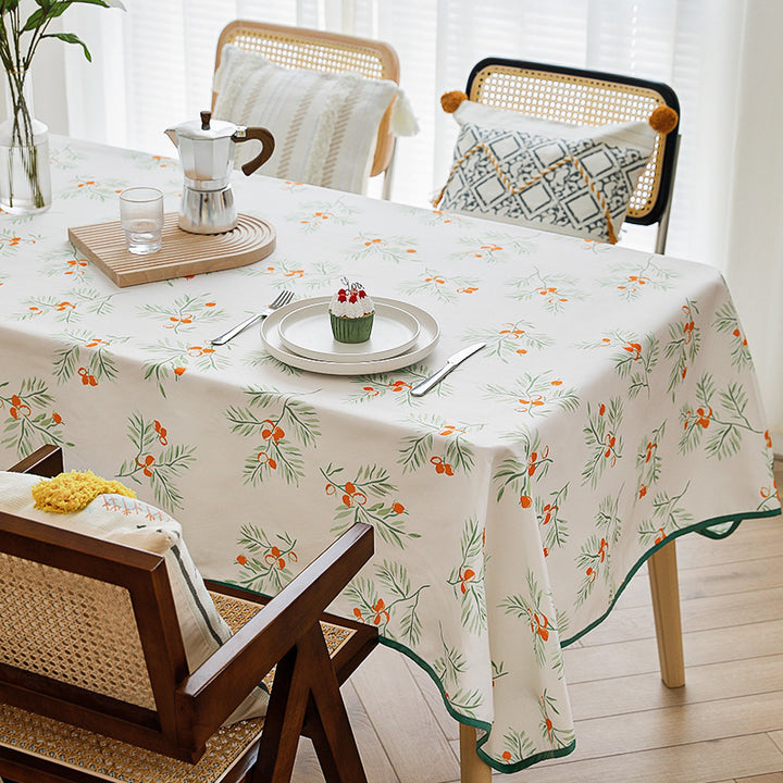 Rectangular tablecloth with botanical orange berry print and contrasting hem piping Kalsten