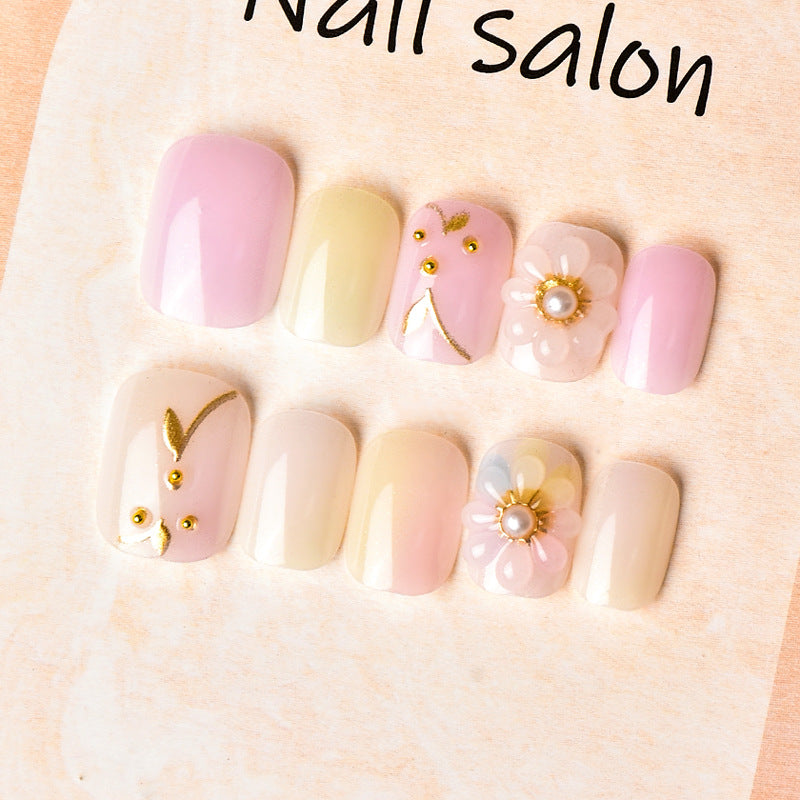 Floral-Themed Press-On Nail Art Set with Pearl Embellishments Kalsten