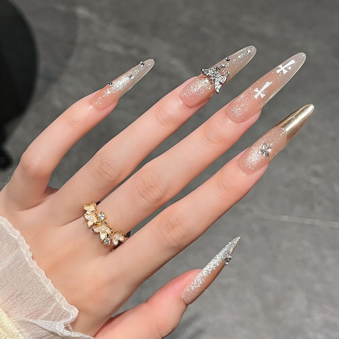 Elegant Stiletto Press-On Nail Extensions with Gem Accents Kalsten