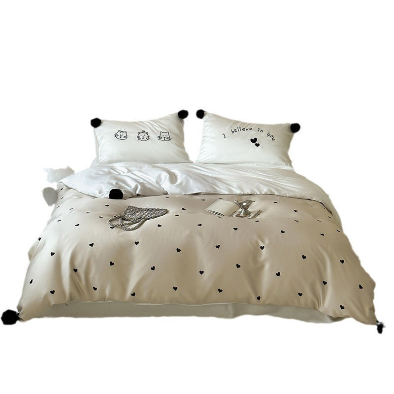 Cotton satin bedding set with heart allover, cute cat embroidery and pompom pillow