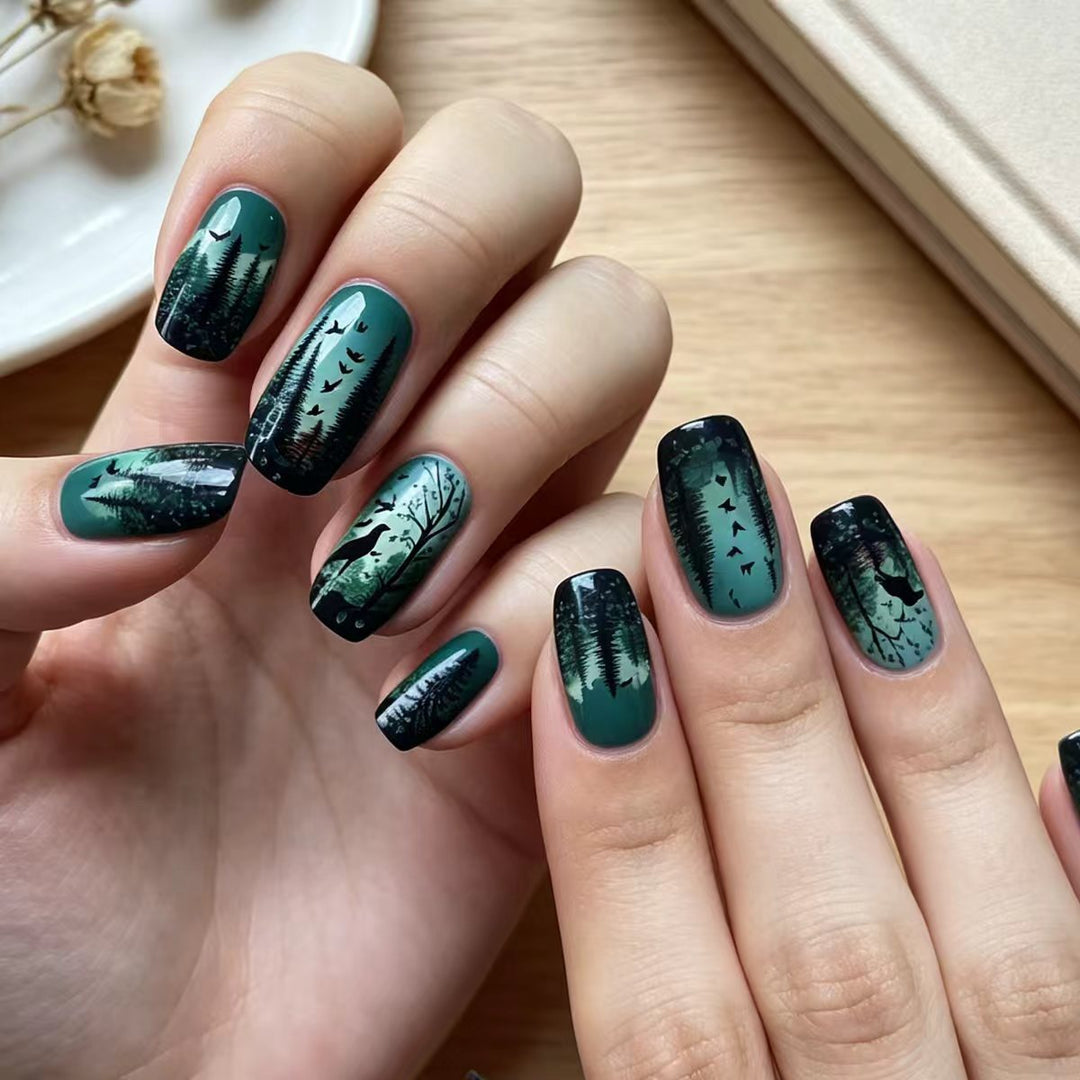 Art nails with creative forest scene design Kalsten