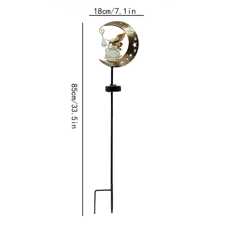 Crescent Moon Solar Garden Stake Light With Rotating Crackle Glass Orb And Butterfly Accent Kalsten