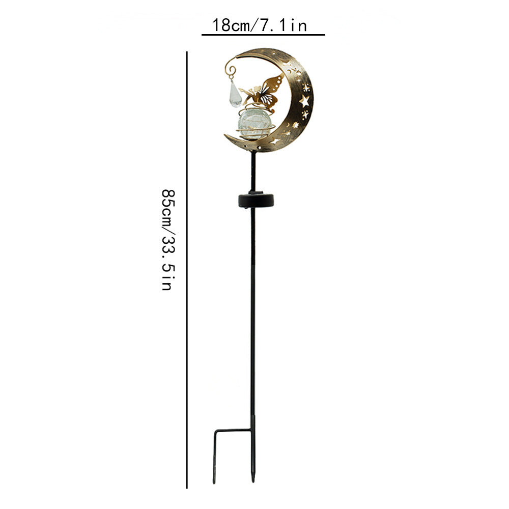 Decorative Crescent Moon Solar Garden Stake Lamp With Hanging Crystal Orb And Butterfly Kalsten