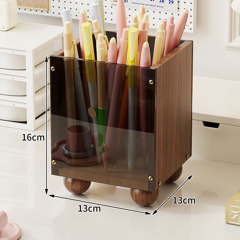 Wooden Desktop Pen & Stationery Organizer with Smoked Acrylic Panel and Rounded Feet