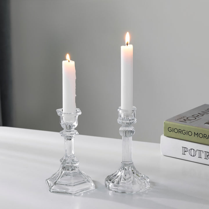 Pressed Crystal-Style Ribbed Glass Taper Candle Holder Kalsten