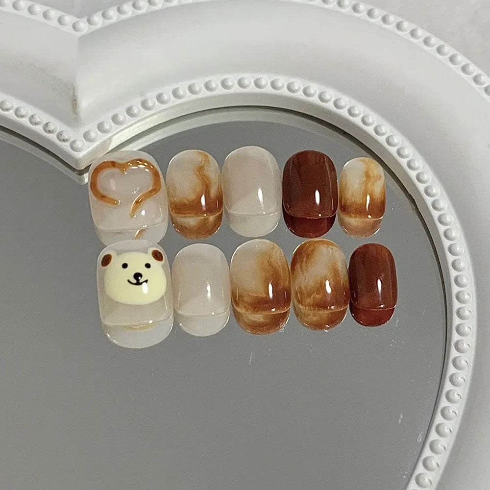 Artificial nails with cute bear design and marbled pattern Kalsten