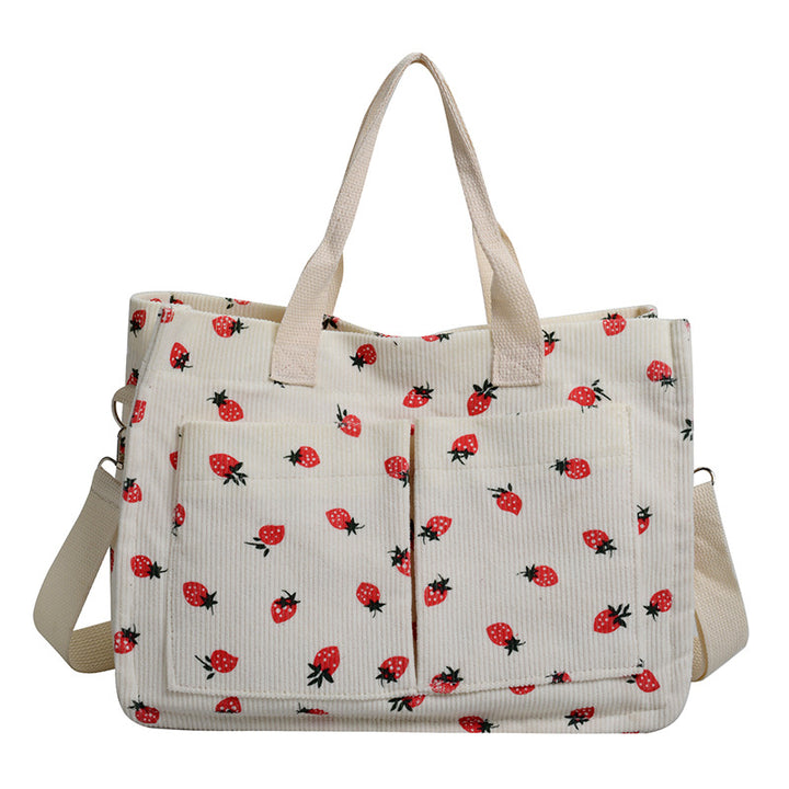 WoStylish Multi-Pocket Strawberry Print Canvas Tote Bag Kalsten