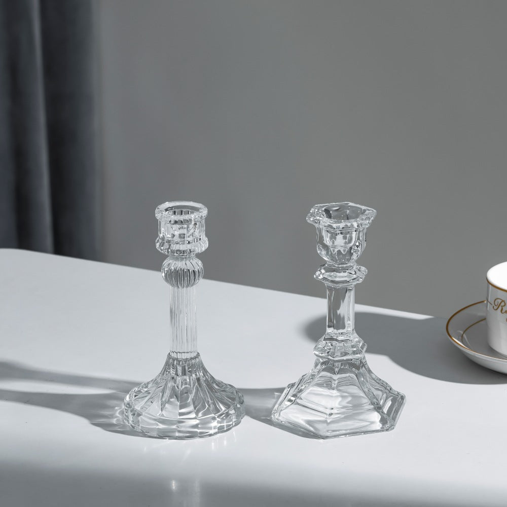 Pressed Crystal-Style Ribbed Glass Taper Candle Holder Kalsten