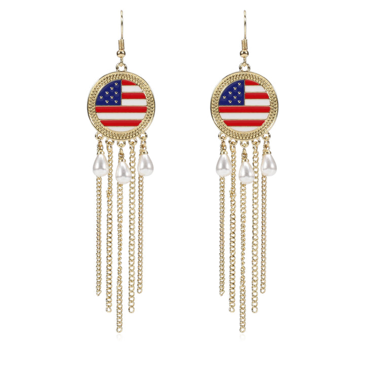 Women's nan long beaded fringe dangle earrings with enamel flag medallion and crystal drops Kalsten