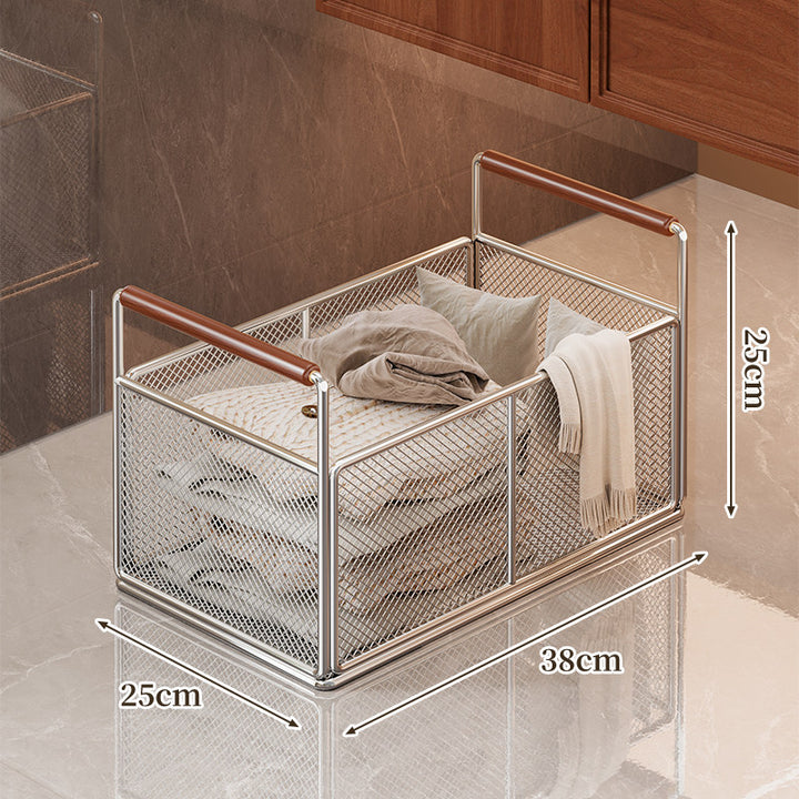 Rectangular Mesh Pull-Out Cabinet Storage Basket with Wooden Handles