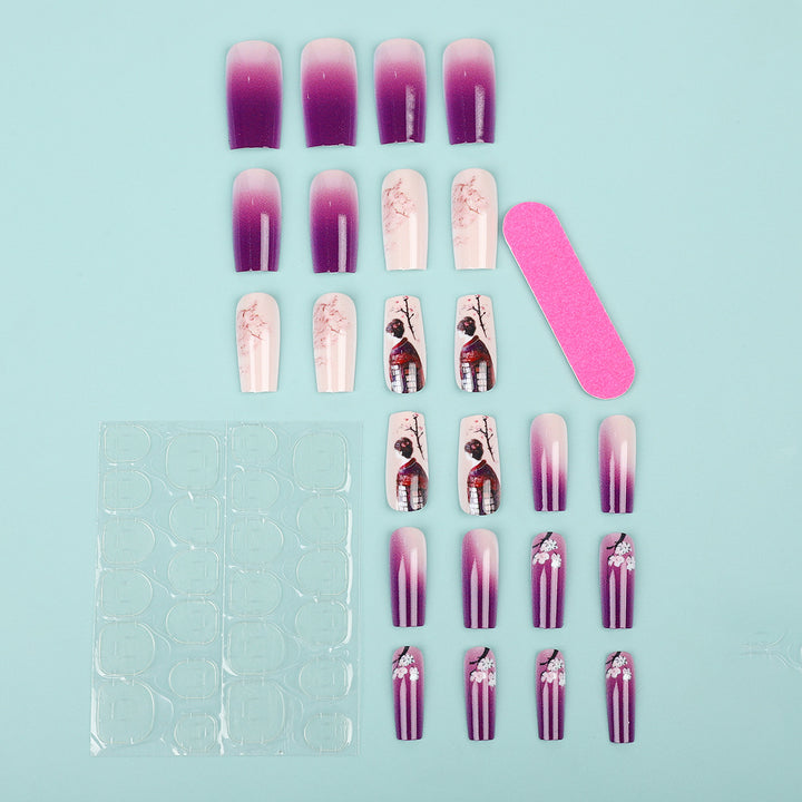 Elegant Artificial Nails Set with Ombre Design and Artistic Accents Kalsten
