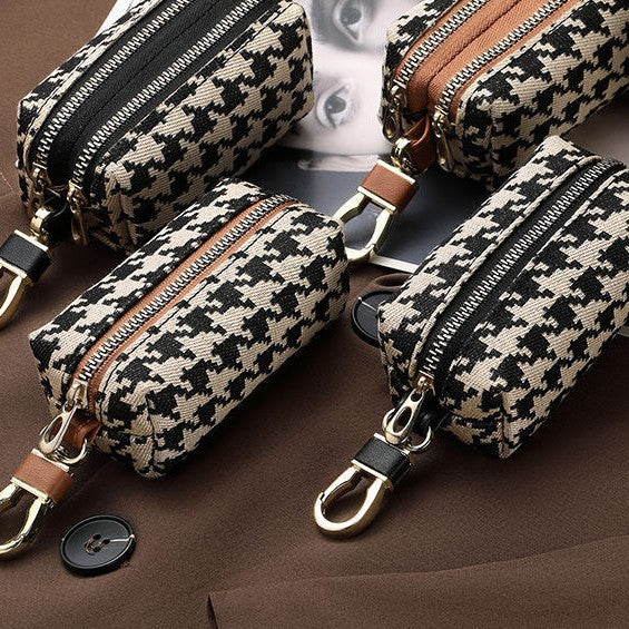 Double-Zippered Houndstooth Pattern Cosmetic Pouch Kalsten