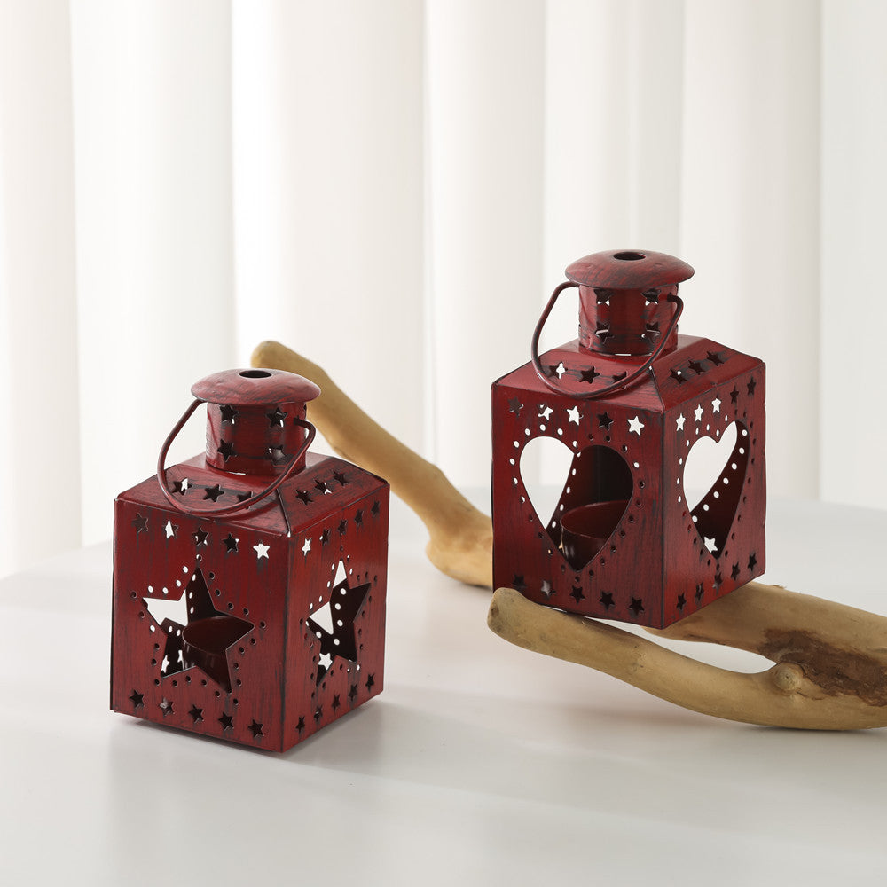Distressed Shabby-Chic Square Tea Light Lantern with Christmas Tree Cutouts Kalsten