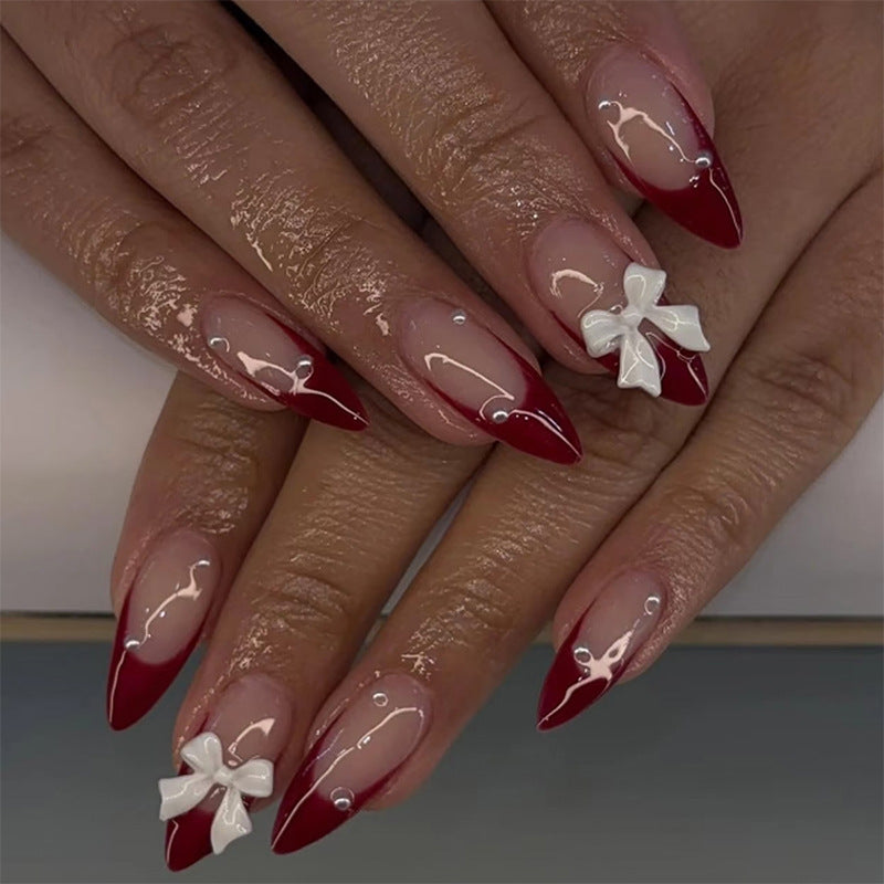 Decorative Press-On Nail Art Set with Elegant Ribbon Accents kalsten
