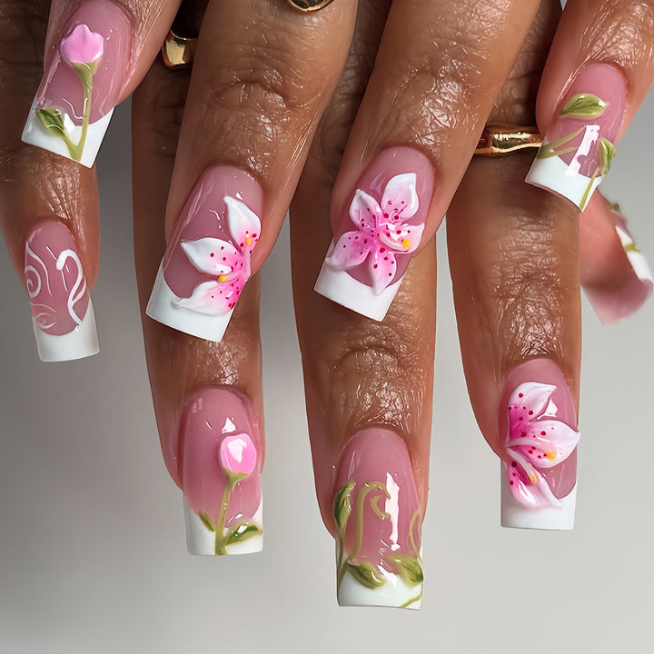 Artificial nails with handcrafted floral designs Kalsten