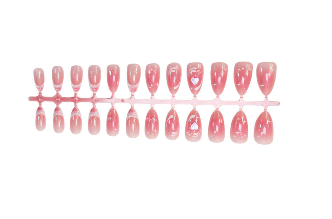 Acrylic nail set with romantic heart design and glitter accents Kalsten