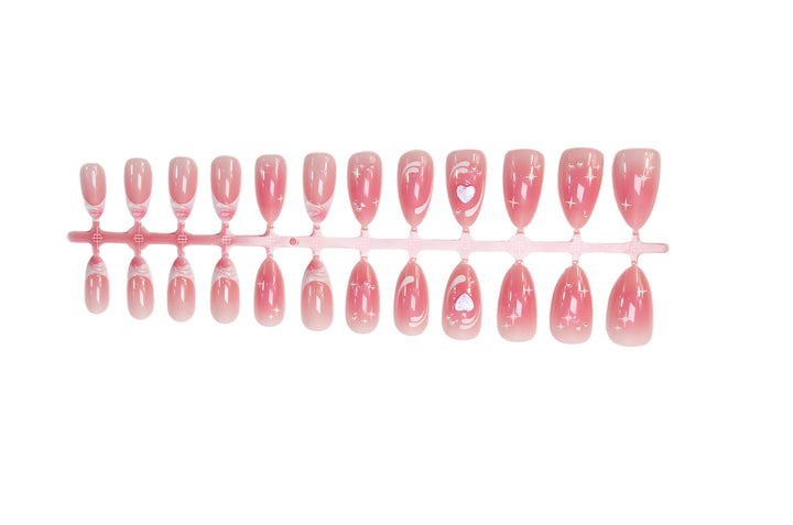 Acrylic nail set with romantic heart design and glitter accents Kalsten