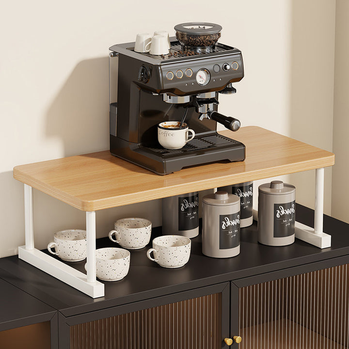 Two-Tier Countertop Coffee Station Shelf Riser with Walnut Top and Metal Frame