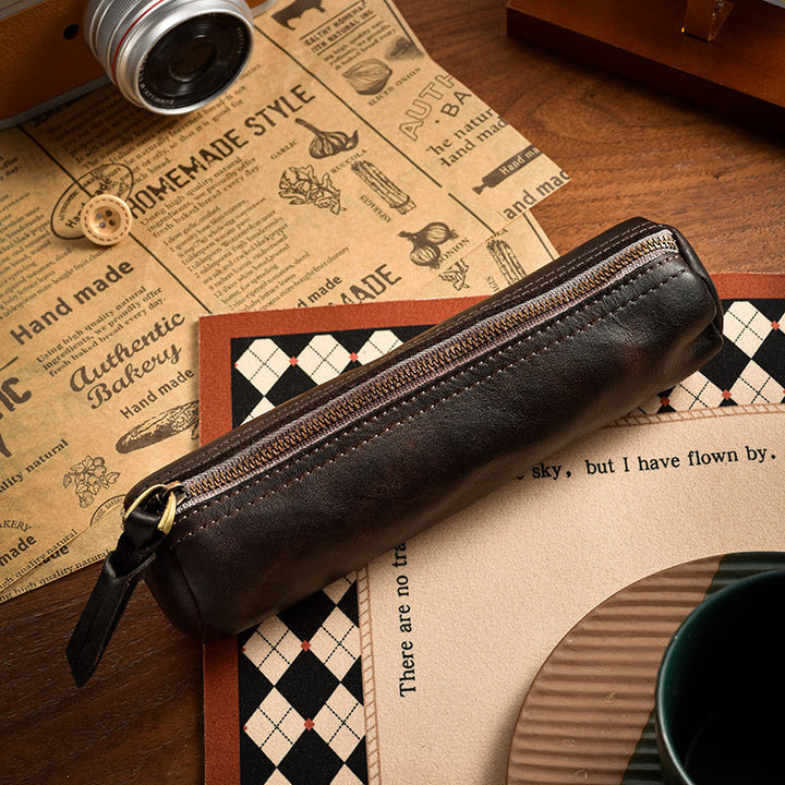 Vintage Leather Zip Pencil Case