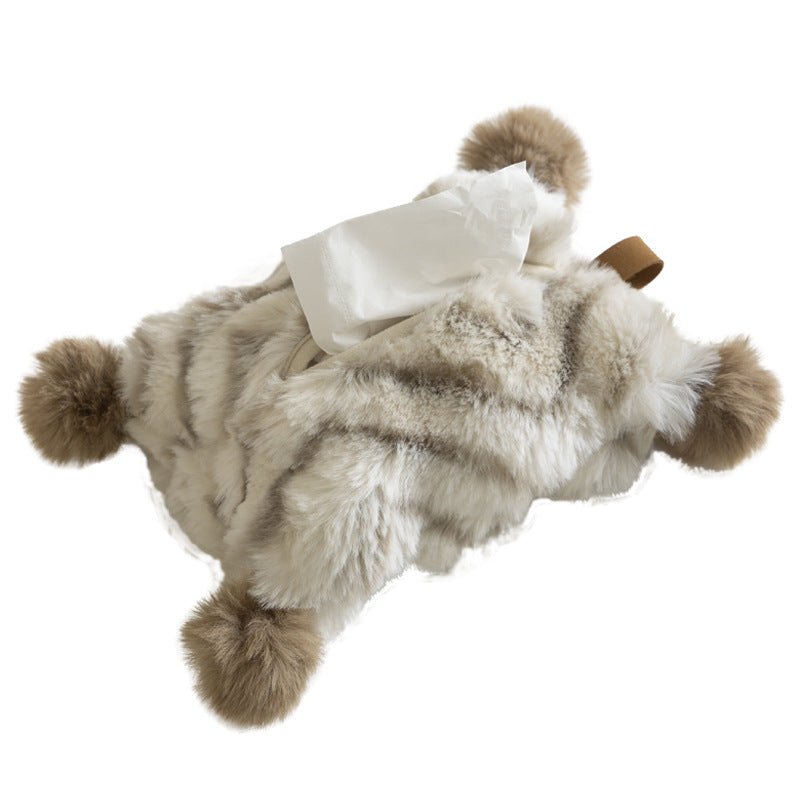 Decorative faux fur tissue box cover with pom poms and hanging handle Kalsten