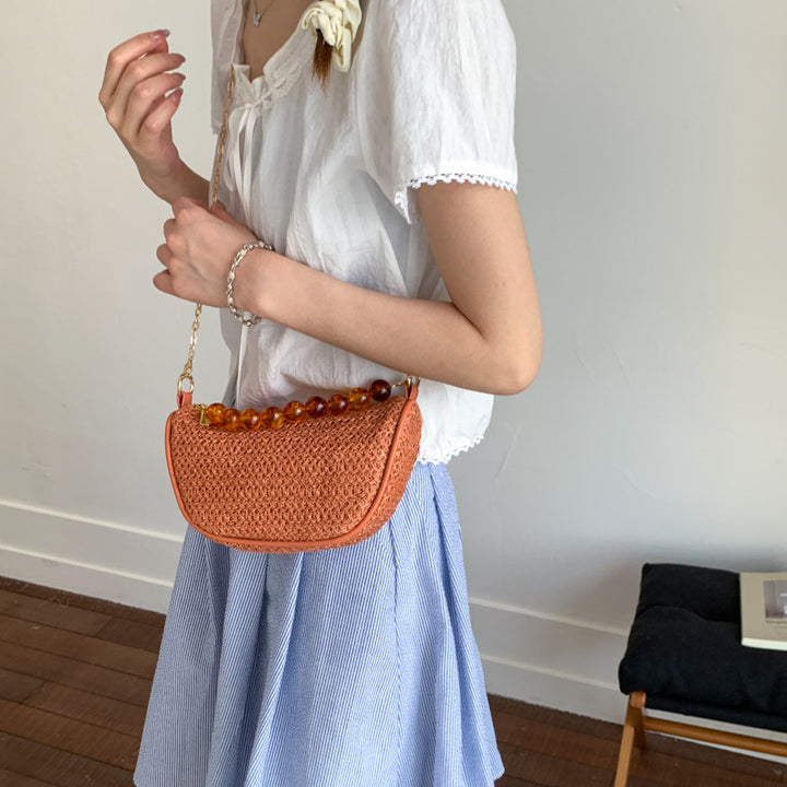 Stylish Woven Handbag with Beaded Handle Kalsten
