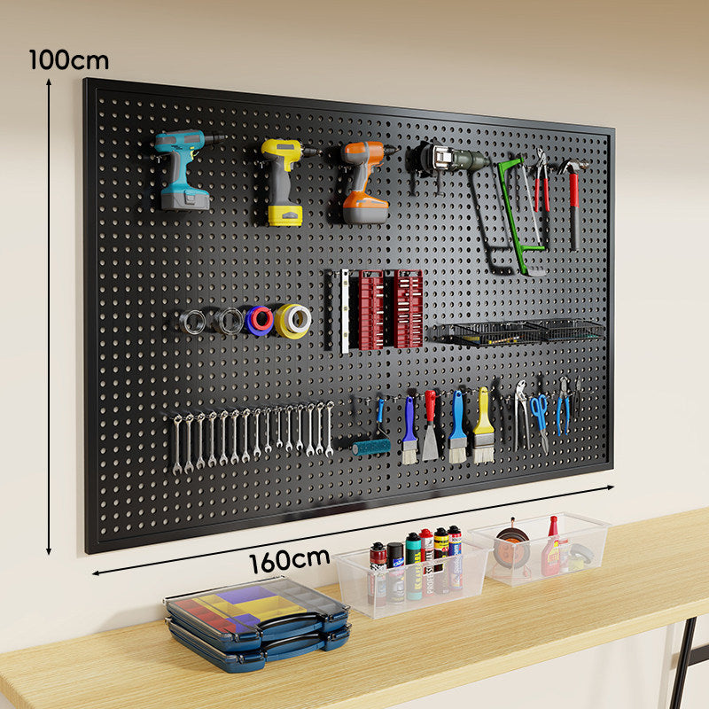 Wall-Mounted Perforated Metal Tool Pegboard Organizer Panel with Modular Hooks and Wire Baskets