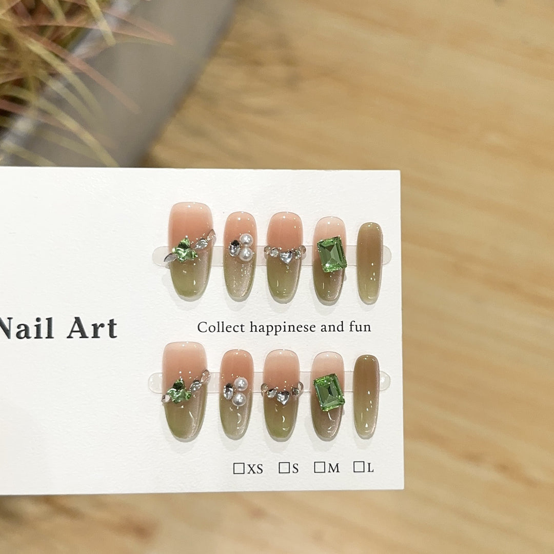 Decorative Press-On Nail Set with Gemstone Accents