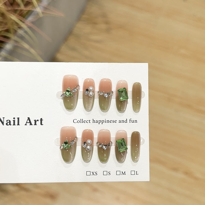 Decorative Press-On Nail Set with Gemstone Accents