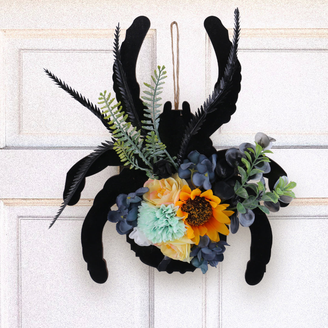 Hanging Halloween Spider Wall Decoration made of Wood with Artificial Flowers