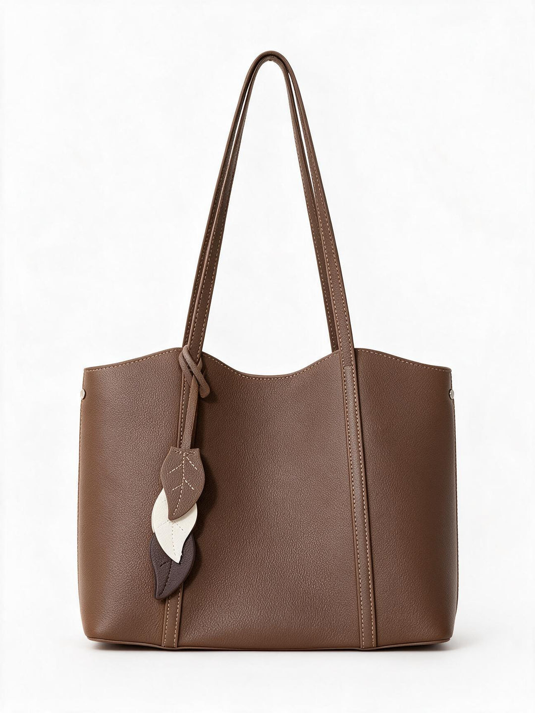 Pebbled Vegan Leather Structured Tote with Leaf Charm & Long Shoulder Straps