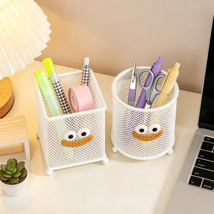 Mesh Square Desk Pen Holder with Playful Face and Raised Ball Feet