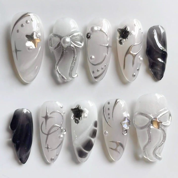 Creative Press-On Nail Art Set with Elegant Silver Accents Kalsten
