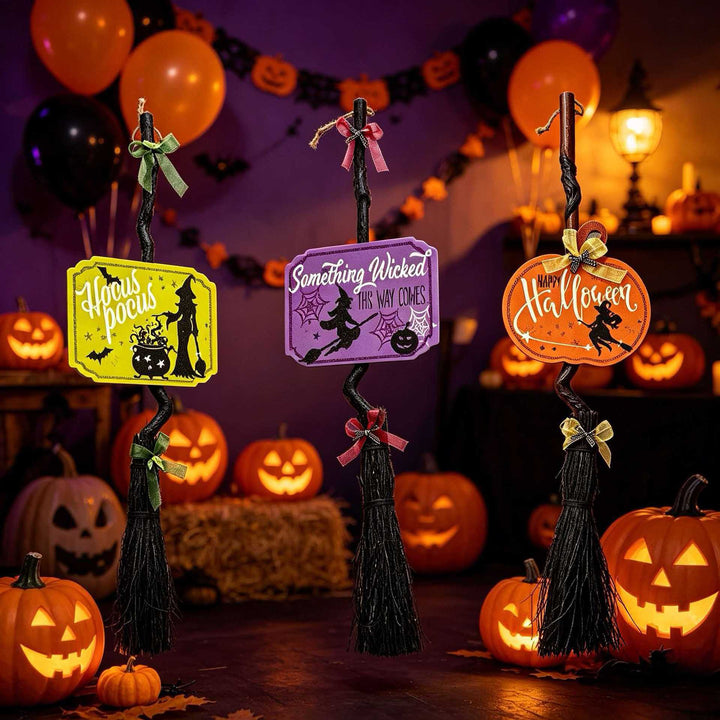Hanging Halloween Decor Broomstick Pendant with Twisted Handle and 'Hocus Pocus' Sign