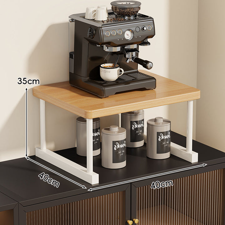 Two-Tier Countertop Coffee Station Shelf Riser with Walnut Top and Metal Frame