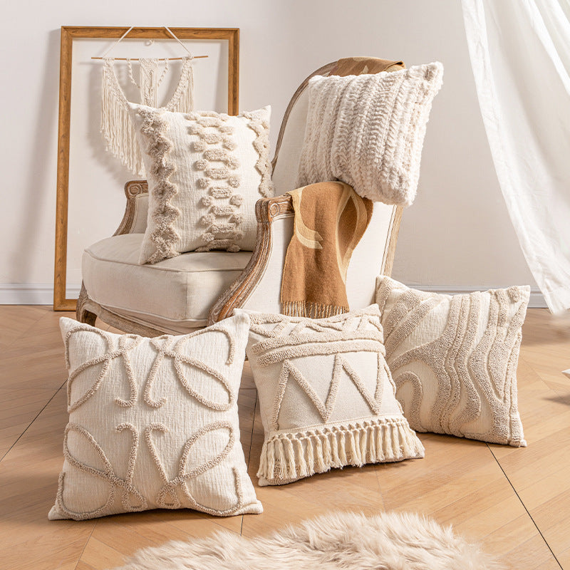 Bohemian Loop-Tufted Lumbar Pillow Cover with Curved Appliqué Texture