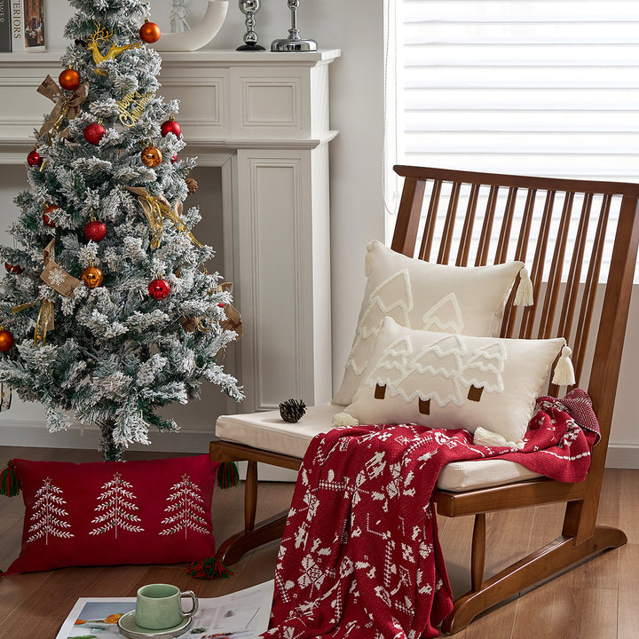 Embroidered Winter Tree Tassel Lumbar Throw Pillow