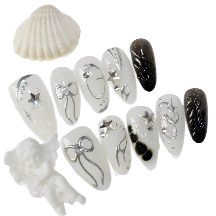 Creative Press-On Nail Art Set with Elegant Silver Accents Kalsten