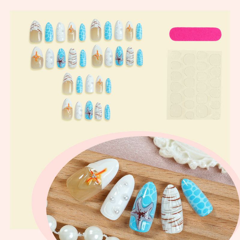 Beach-Inspired Press-On Nail Set with Ocean and Starfish Designs kalsten