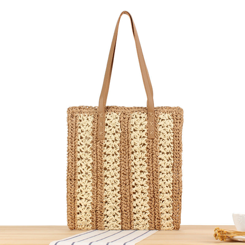 Braided Natural Material Beach Bag with Sturdy Leather Handles Kalsten