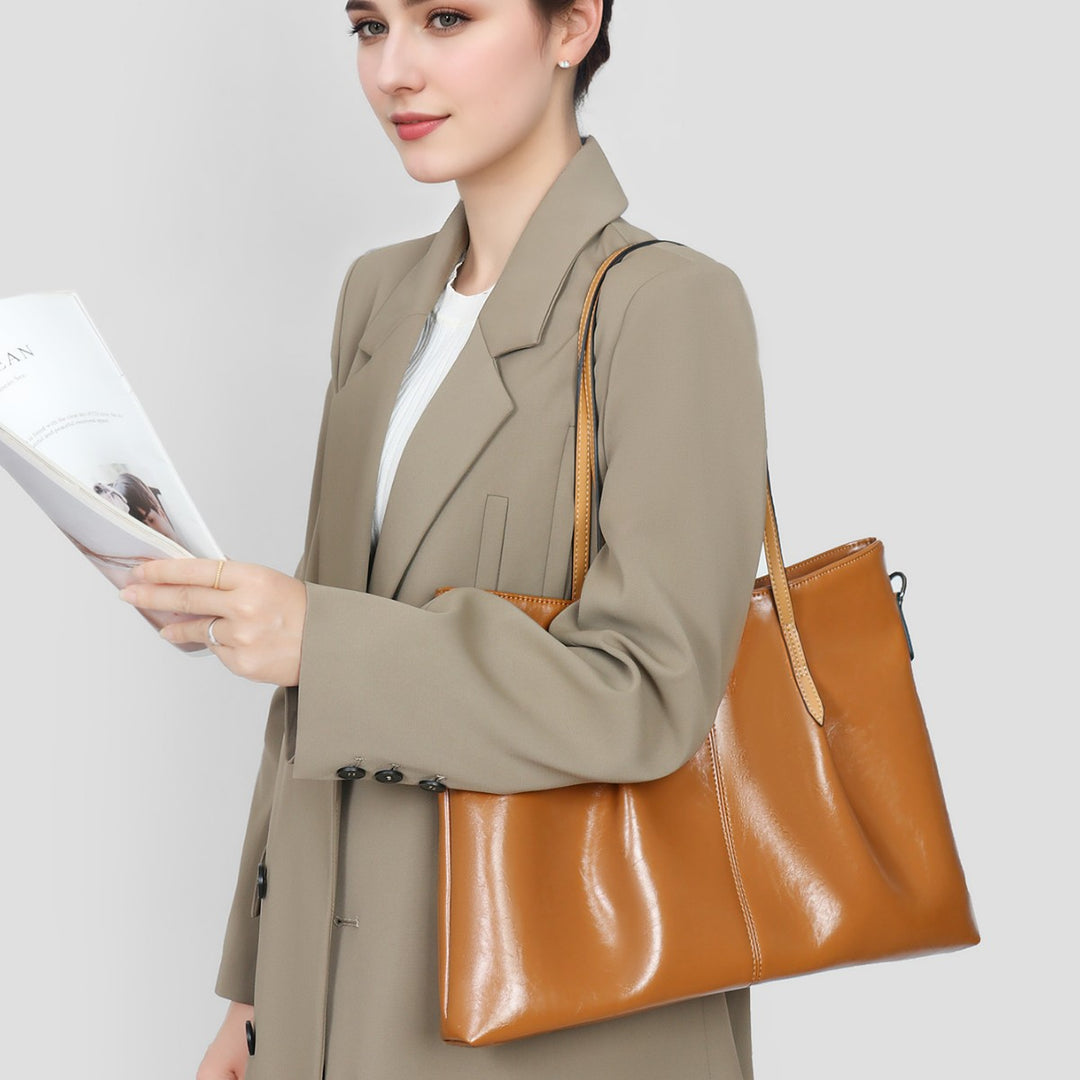Large Glossy Leather Tote Shoulder Bag with Buckle Straps
