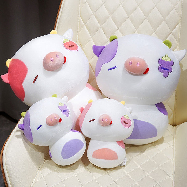 Plush Stacked Cow Cuddle Pillow with Embroidered Grape Motif & Weighted Bean-Core Kalsten
