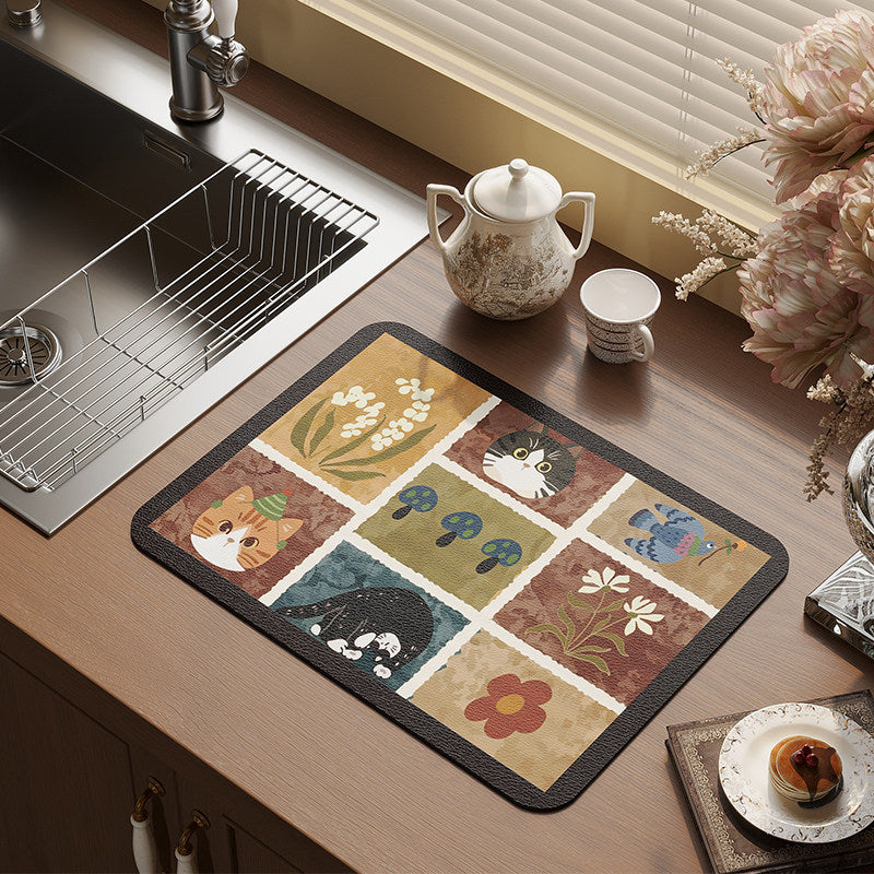 Absorbent Rectangular Kitchen Counter Placemat with Patchwork Cat & Floral Illustration and Non-Slip Backing