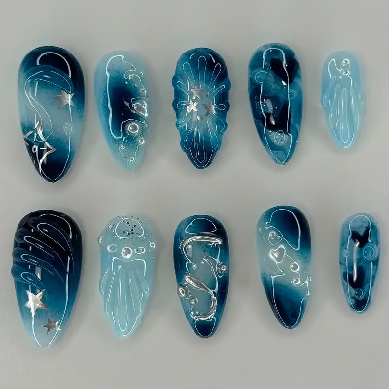 Artistic Ocean-Themed Press-On Nail Art Kalsten