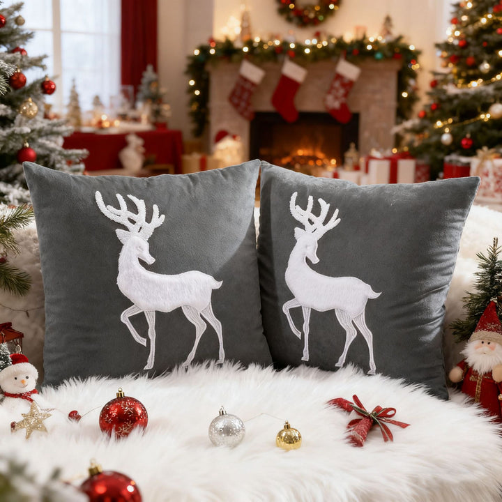 Velvet Reindeer Appliqué Square Throw Pillow Cover with Hidden Zipper