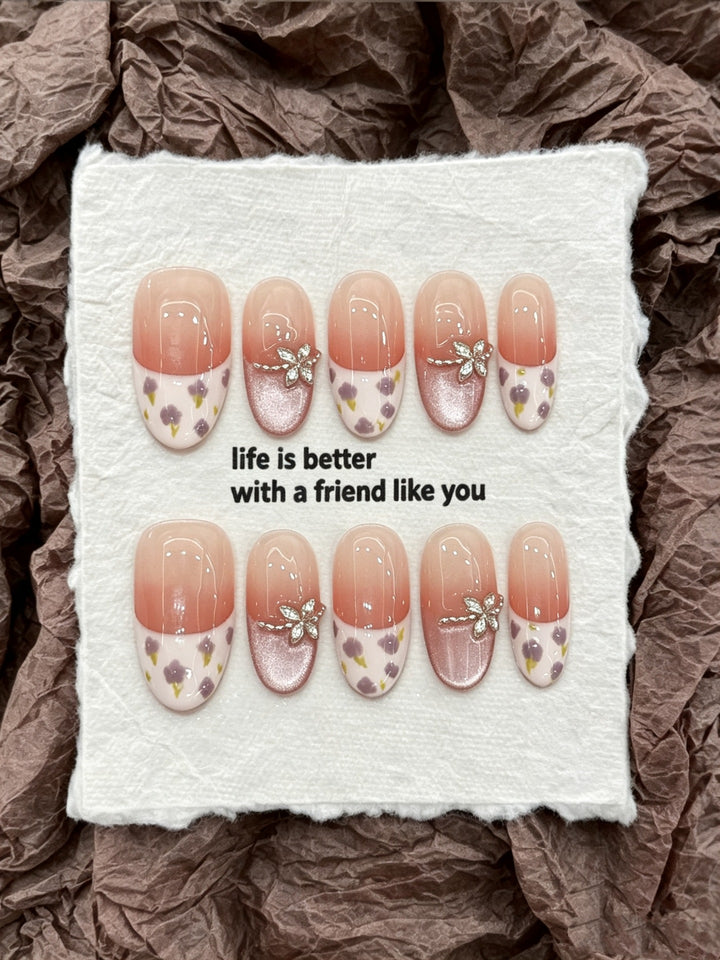 Artistic Floral Press-On Nail Art Set with Glittering Accents
