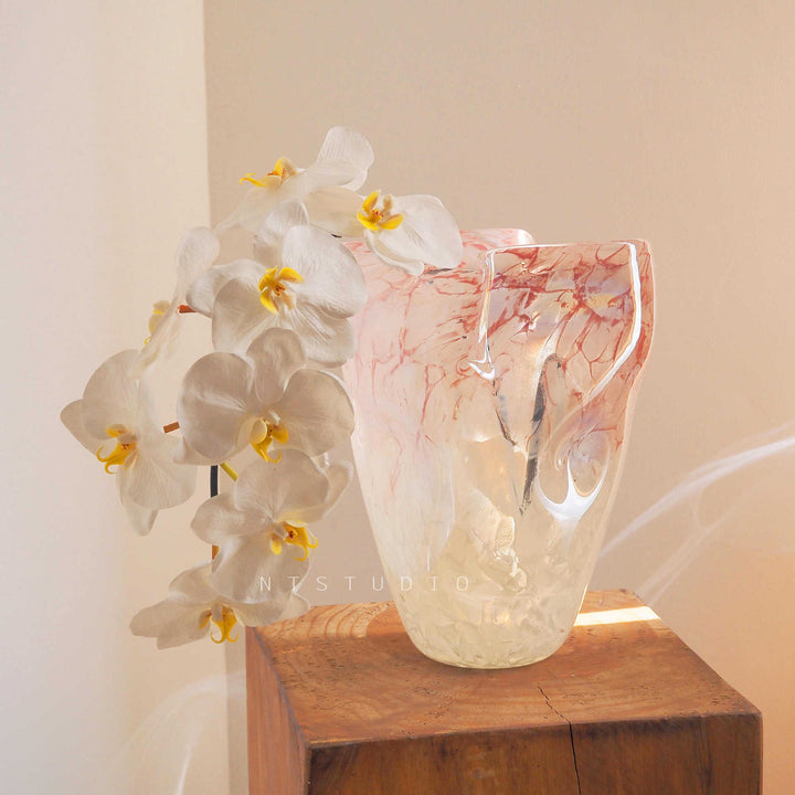 Handblown Marble-Effect Tall Sculptural Glass Vase with Organic Ruffled Rim Kalsten